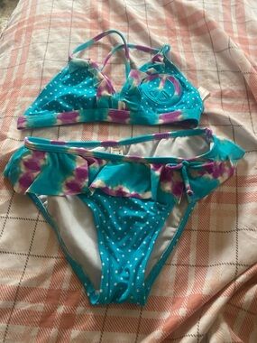 Arizona Jean Company Teal Purple Polka Dot Ruffle Bikini